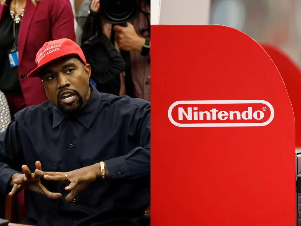 Rapper Kanye West dan logo perusahaan Nintendo (photo/REUTERS/Benoit Tessier)