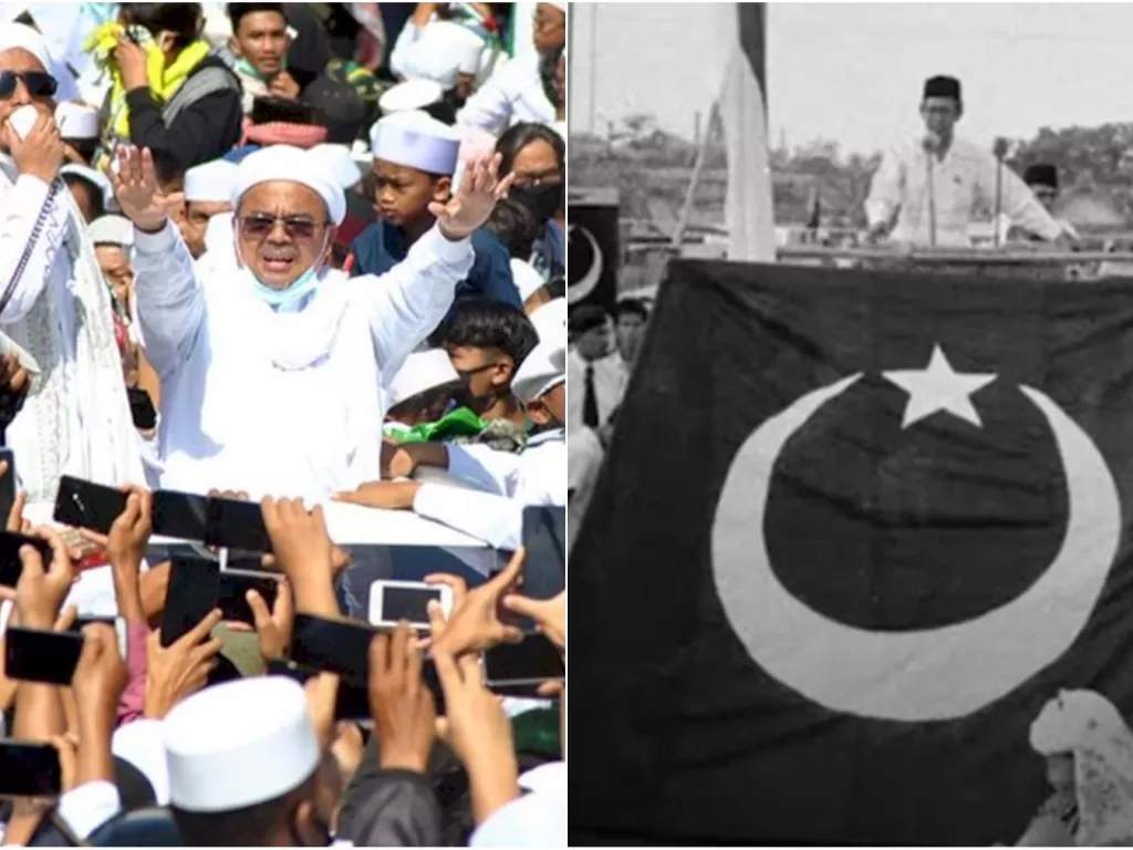 Kiri: Rizieq Shihab dikawal pendukungnya (Antara foto/Arif Firmansyah); kanan: Massa Partai Masyumi. (Ist)
