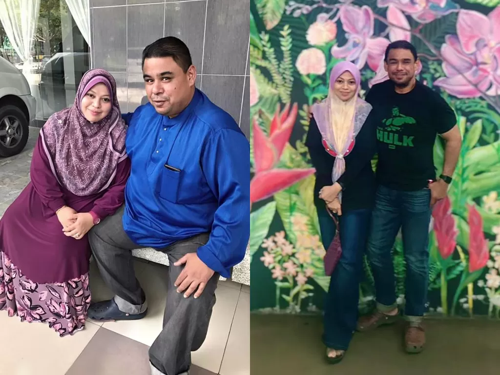Pasangan Noorul Izzah Marzuki (39) dan suaminya Mohd Khairuddin Ahmad (46) yang berhasil turunkan berat badan. (Photo/Facebook/Noorul Izzah Marzuki)