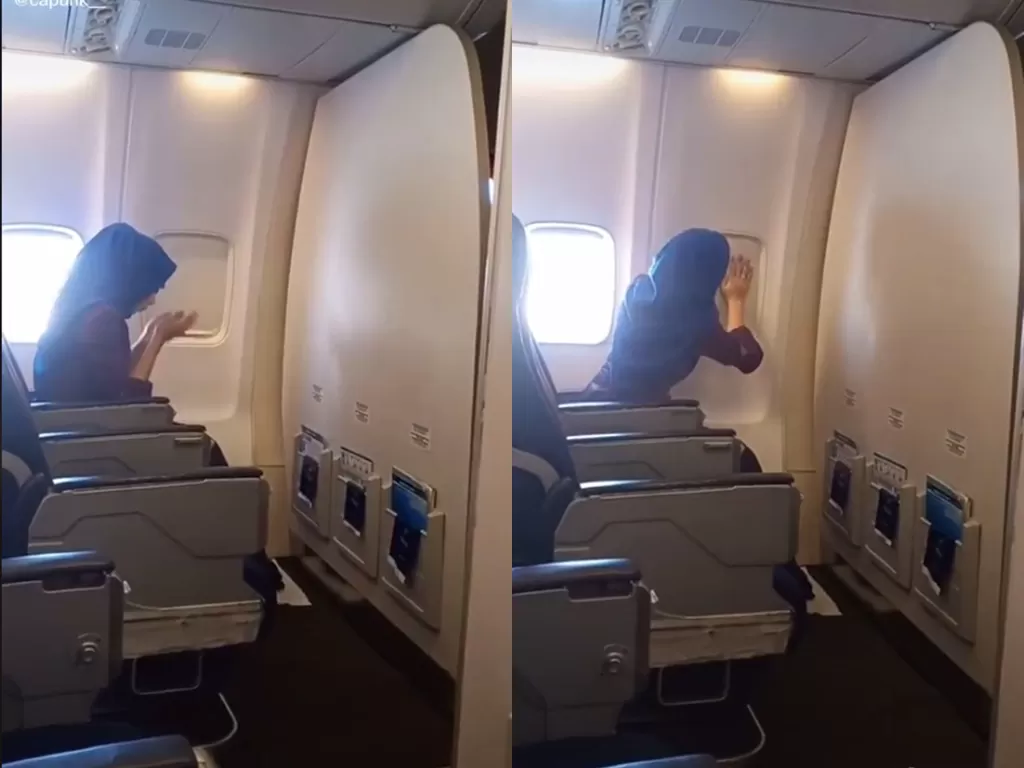 Cuplikan video saat wanita yang menunaikan ibadah shalat di pesawat. (photo/TikTok/@ capunk__)