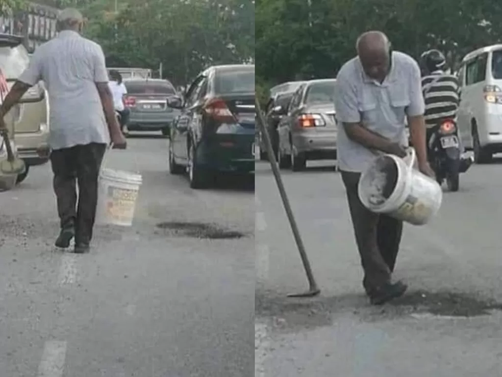 Pria lansia menutupi lubang jalanan (Facebook/Negeri Sembilan kini)