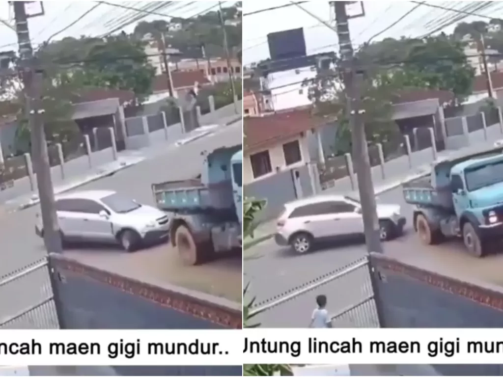 Tangkapan layar mobil yang nyaris kena hantaman truk. (photo/Screenshoot/Instagram/@omg.indonesia.id)