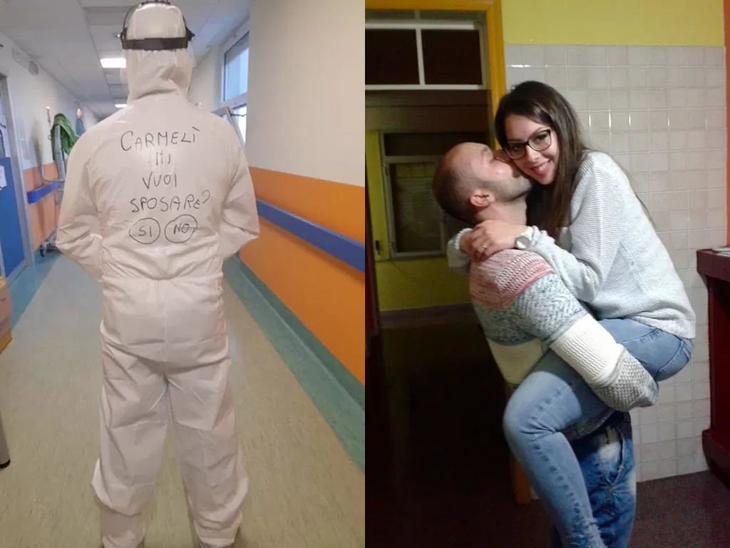 Aksi perawat lamar pacar lewat APD (Facebook/Giuseppe Pungente)