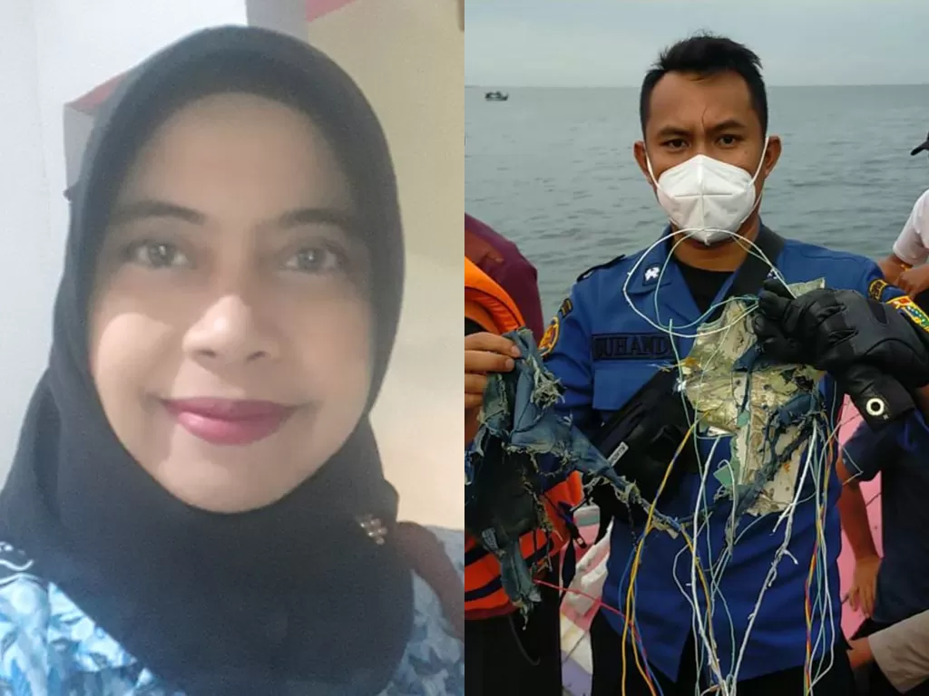 Kiri: Panca Widia Nursanti, guru SMKN 3 Pontianak, korban pesawat SJ 182. (Facebook); Kanan: Petugas Kemenhub menunjukkan puing-puing. (ist)