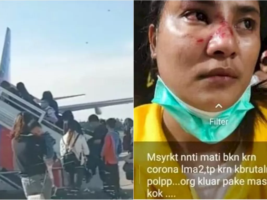 Kiri: Puluhan penumpang naik ke pesawat Sriwijaya Air SJ-182 (Tiktok). Kanan: Wanita yang mengalami penganiayaan oleh oknum Satpol PP (ist)