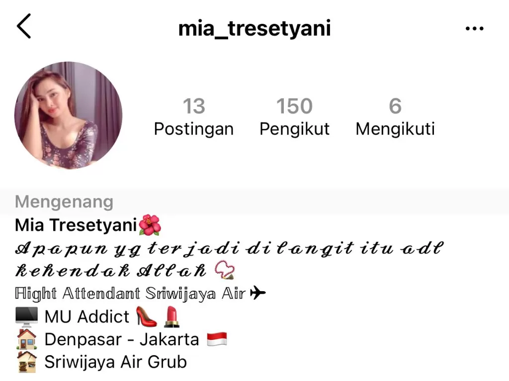 Akun Instagram pramugari Sriwijaya Air SJ-182, Mia Tresetyani (Instagram)