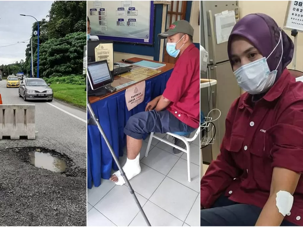 Suami-istri di Malaysia nyaris tewas usai menabrak lubang di jalan. (photo/Facebook/Info Roadblock JPJ/POLIS)