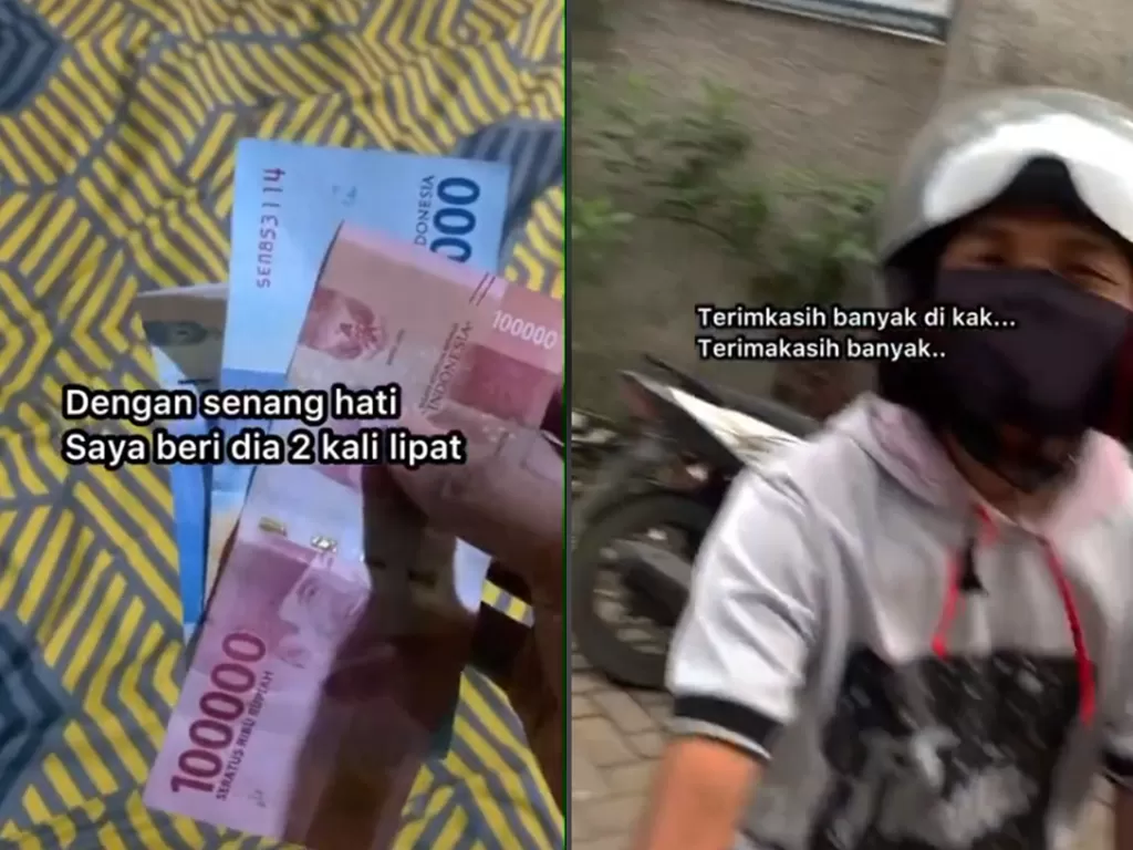 Cuplikan video ojol yang terharu diberi uang Rp200 ribu. (photo/TikTok/@sadlynoorhaha023)