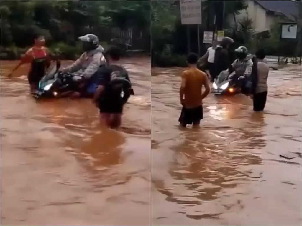 Cuplikan video saat pemotor terobos banjir. (photo/Instagram/@agoez_bandz4)