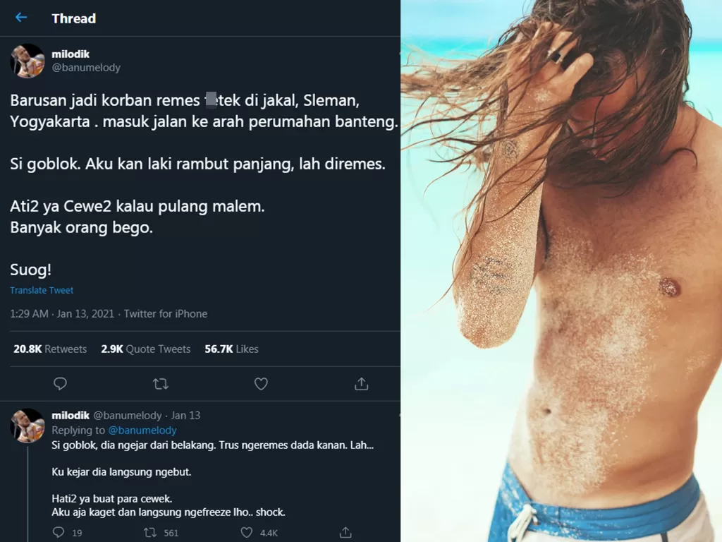Kiri: Pria jadi korban begal payudara (Twitter) / Kanan: Ilustrasi pria gondrong (Unsplash)