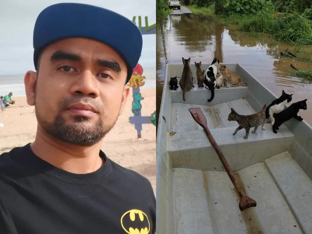 Seorang pria bernama Mohd Amiruddin Mohamad Yusof mendapatkan banyak pujian karena berhasil menyelamatkan kucing yang terjebak banjir. (Photo/mStar)