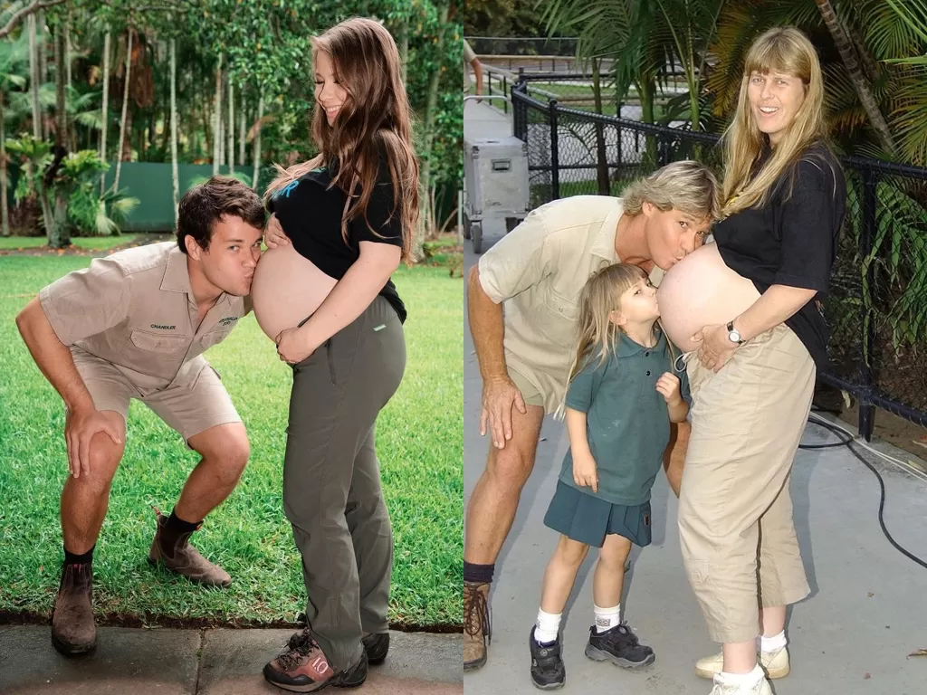 Kiri: Putri Steve Irwin bersama suaminya. (Photo/Instagram/@bindisueirwin) Kanan: Steve Irwin dan putrinya bersama ibu yang menunggu kelahiran putra kedua. (Photo/Instagram/@bindisueirwin)