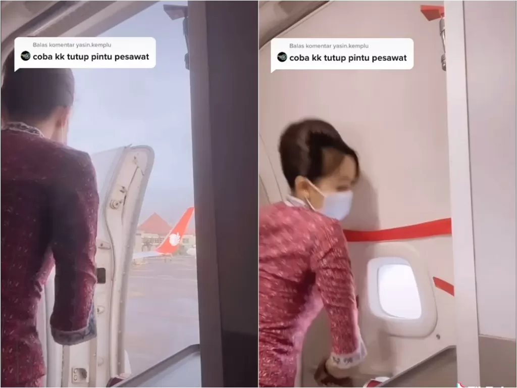 Cuplikan video saat pramugari tunjukkan cara menutup pintu pesawat. (photo/TikTok/@dellanafis)