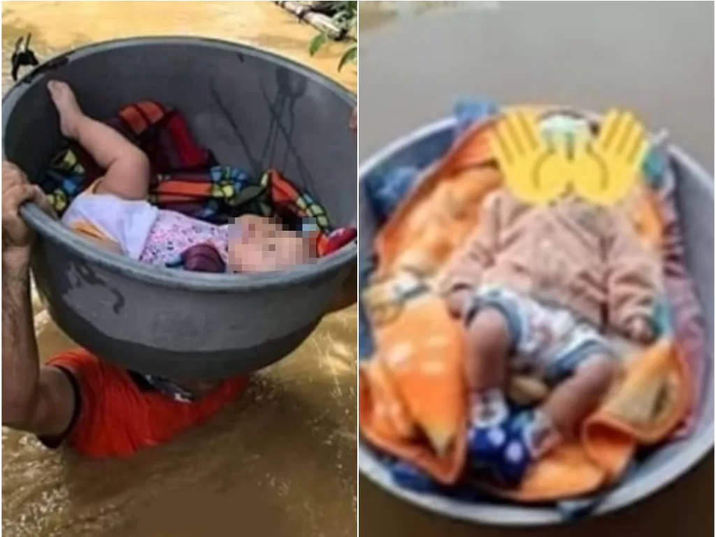 Bayi dibawa orang tuanya dengan menggunakan baskom dan kuali daat terjadi banjir di Kalsel (ist)