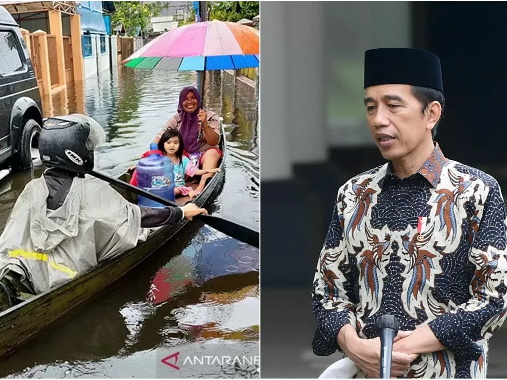 Kiri: Warga terdampak banjir di Banjarmasin (ANTARA/Syamsuddin Hasan) / Kanan: Presiden Jokowi (Instagram/jokowi)