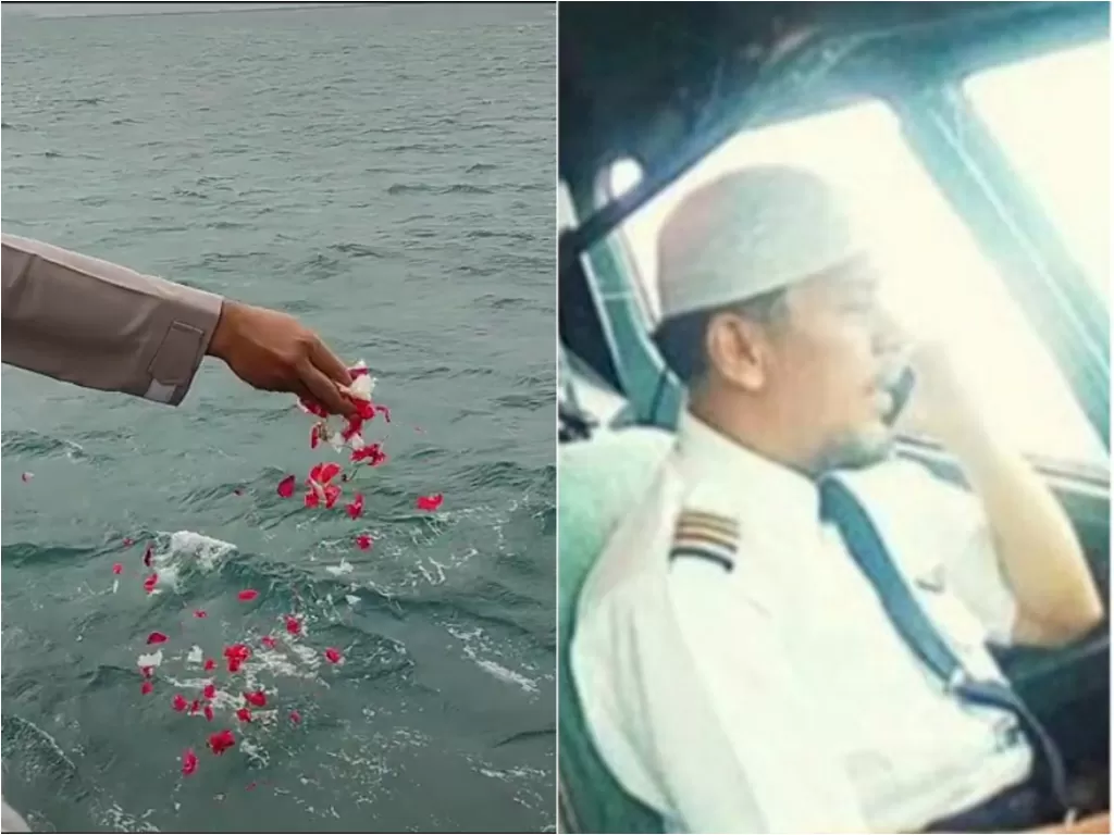 Prosesi tabur bunga untuk korban pesawat Sriwijaya Air. (Tiktok/@r.awing08) dan Sosok Kapten Afwan. (istimewa)