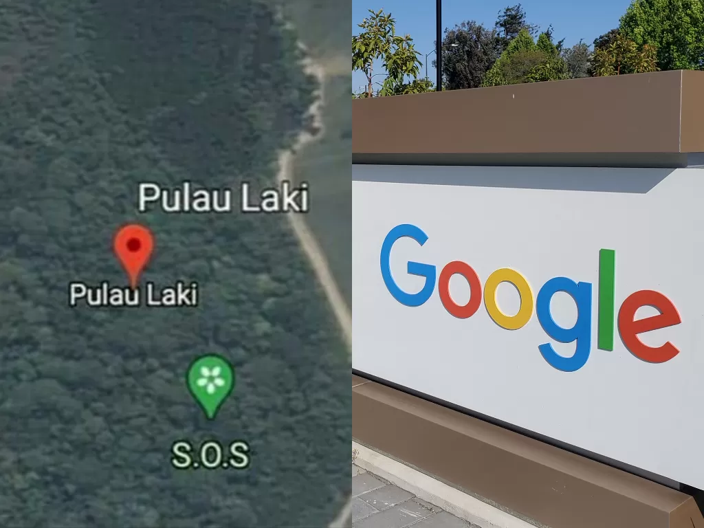 Kiri: Tulisan SOS di Pulau Kaki (Instagram/@pardi_reareo04) Kanan: Kantor Google (REUTERS/Paresh Dave)