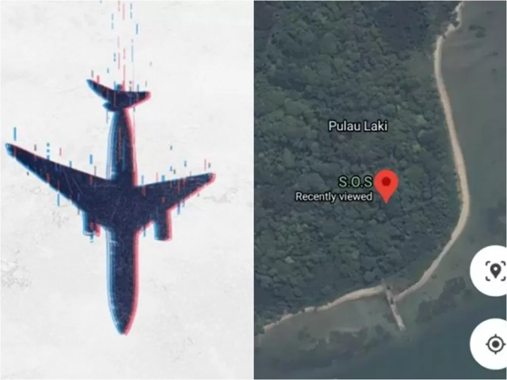 Ilustrasi pesawat jatuh. (istimewa) dan Sinyal SOS di pulau laki. (Google Maps)