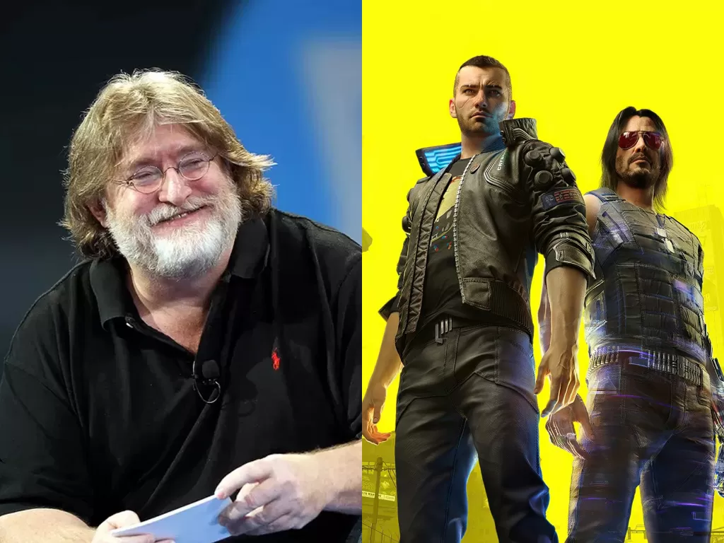 Gabe Newell dan karakter dari game Cyberpunk 2077 (photo/Yahoo! Finance/CD Projekt Red)