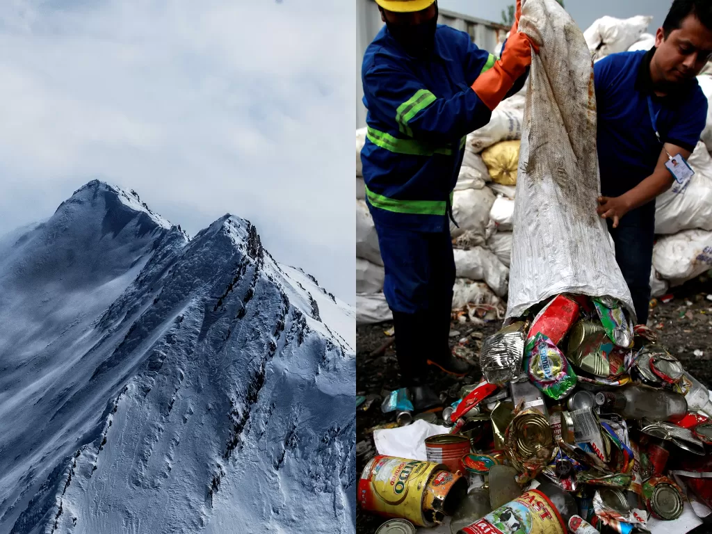 Gunung Everest(kiri), Pekerja dari perusahaan daur ulang mengeluarkan sampah yang dikumpulkan dan dibawa dari gunung Everest, di Kathmandu, Nepal (kanan). (Unsplash/@maciek_wrona/REUTERS/Navesh Chitrakar)