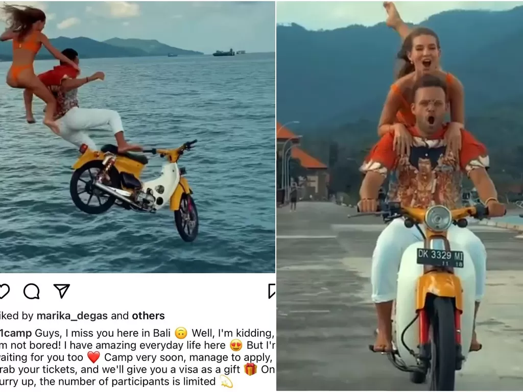 Sergey Kosenko dan Alina Oshutinskaya, sejoli bule yang terjun ke laut dengan motor C70. (Instagram)