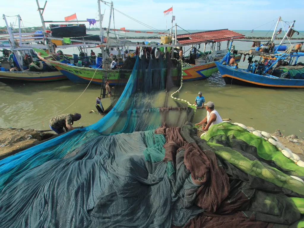 Sejumlah nelayan menyiapkan alat tangkap pukat untuk persiapan melaut (Ilustrasi/ANTARA FOTO/Dedhez Anggara)