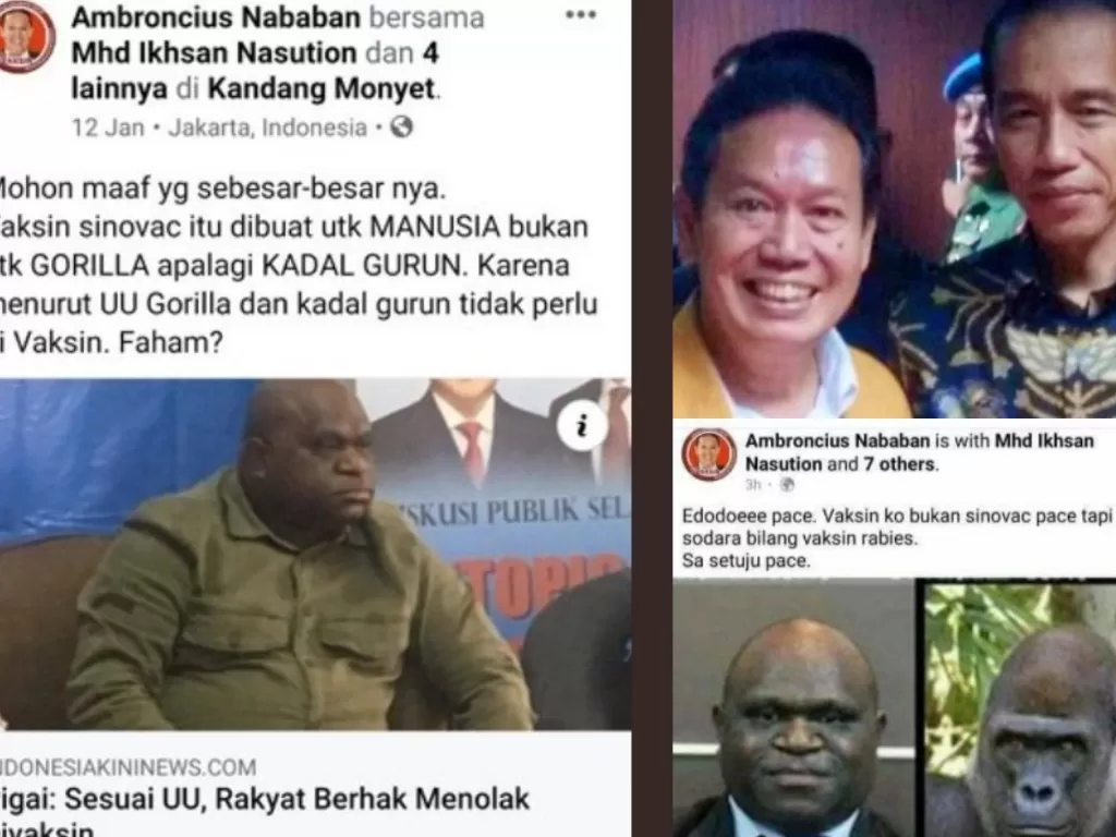 Screenshot unggahan rasis akun Facebook Ambroncius Nababan