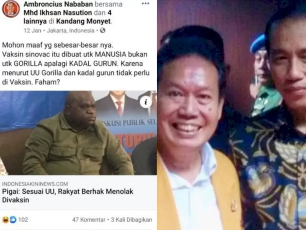 Screenshot unggahan dugaan rasis akun Facebook Ambroncius Nababan