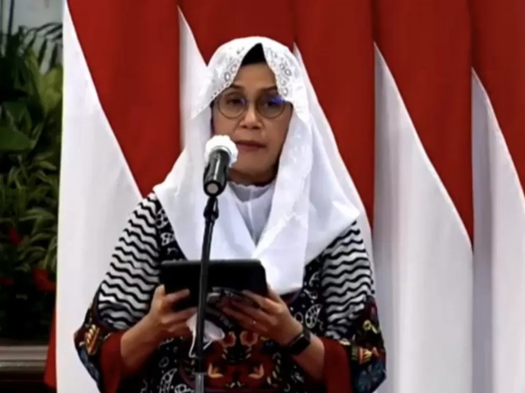 Tangkapan layar Menteri Keuangan Sri Mulyani Indrawati dalam Peluncuran Gerakan Nasional Wakaf Uang dan Peresmian Brand Ekonomi Syariah di Jakarta, Senin (25/1/2021). (ANTARA/Astrid Faidlatul Habibah)