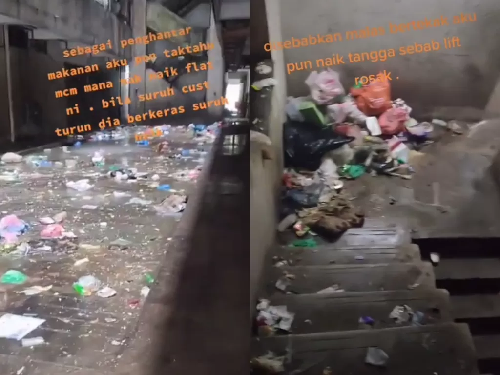 Viral video yang memperlihatkan kumpulan sampah dari penghuni rusun yang malas. (Photo/TIkTok/@hibatullahdanial)