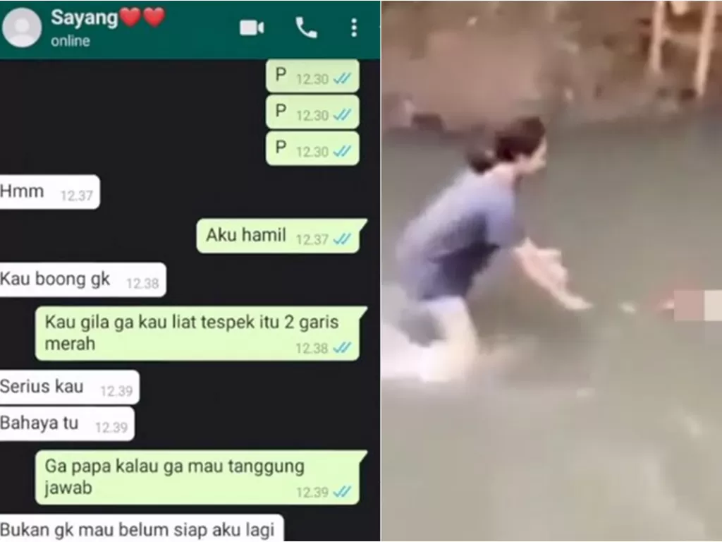 Kiri: Unggahan video viral yang memperlihatkan pasangan kekasih. (Photo/TikTok/@harta.tahta.rina3). Kanan: Seorang wanita menemukan jasad bayi yang hanyut di sungai (istimewa)
