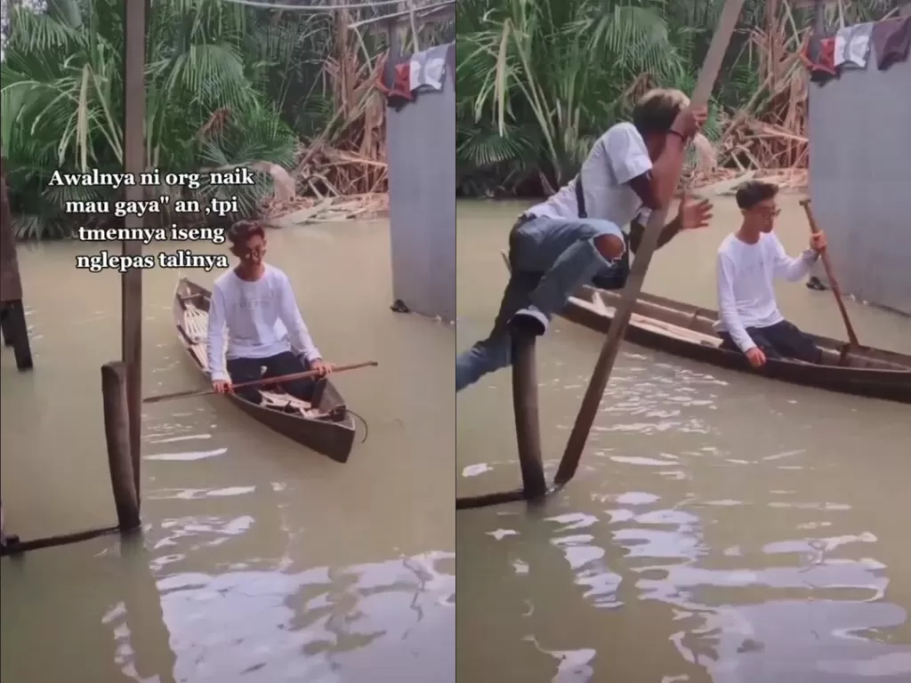 Aksi kocak pemuda ini saat hendak membantu temannya malah tercebur ke genangan banjir (Tiktok/gusnihtmh)