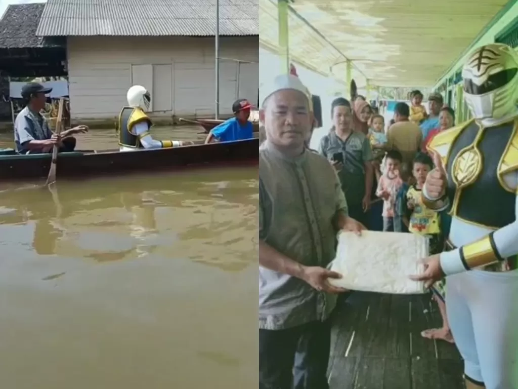 Relawan pakai kostum power rangers bantu korban banjir Kalsel (Instagram/ info_kejadian_banjarmasin)
