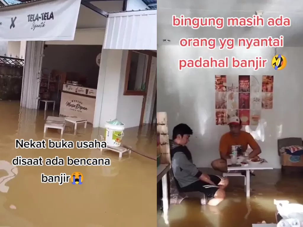 Kafe yang tetap buka di tengah banjir (Tik Tok/ekarizkinugraha)