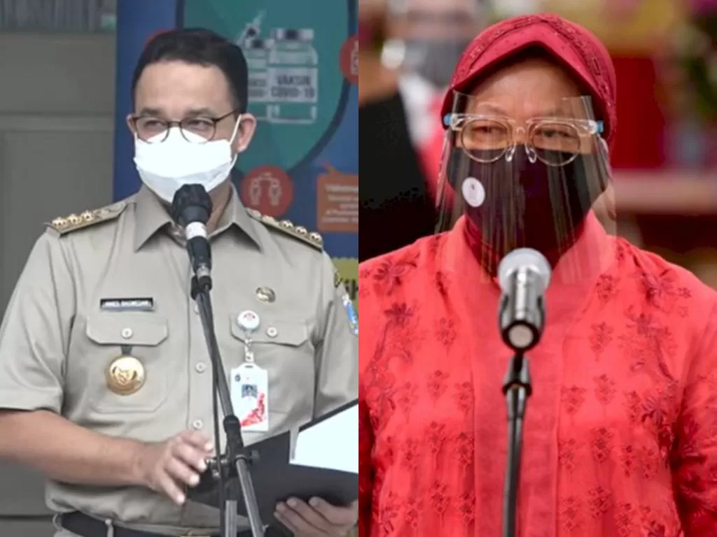 Kiri: Gubernur DKI Jakarta Anies Baswedan. (Youtube/Pemprov DKI Jakarta), kanan: Mensos Tri Rismaharini. (ANTARA FOTO/BPMI Setpres/Muchlis Jr)