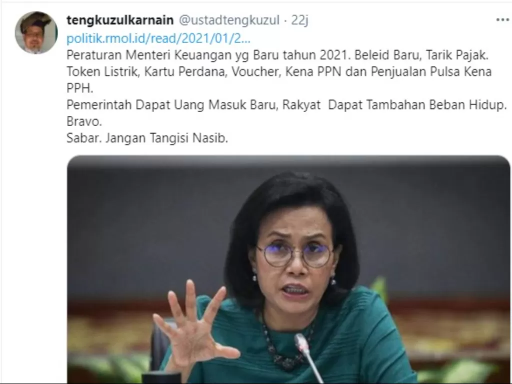 Cuitan Tengku Zulkarnain soal kebijakan baru Menteri Keuangan (Tangkapan layar)