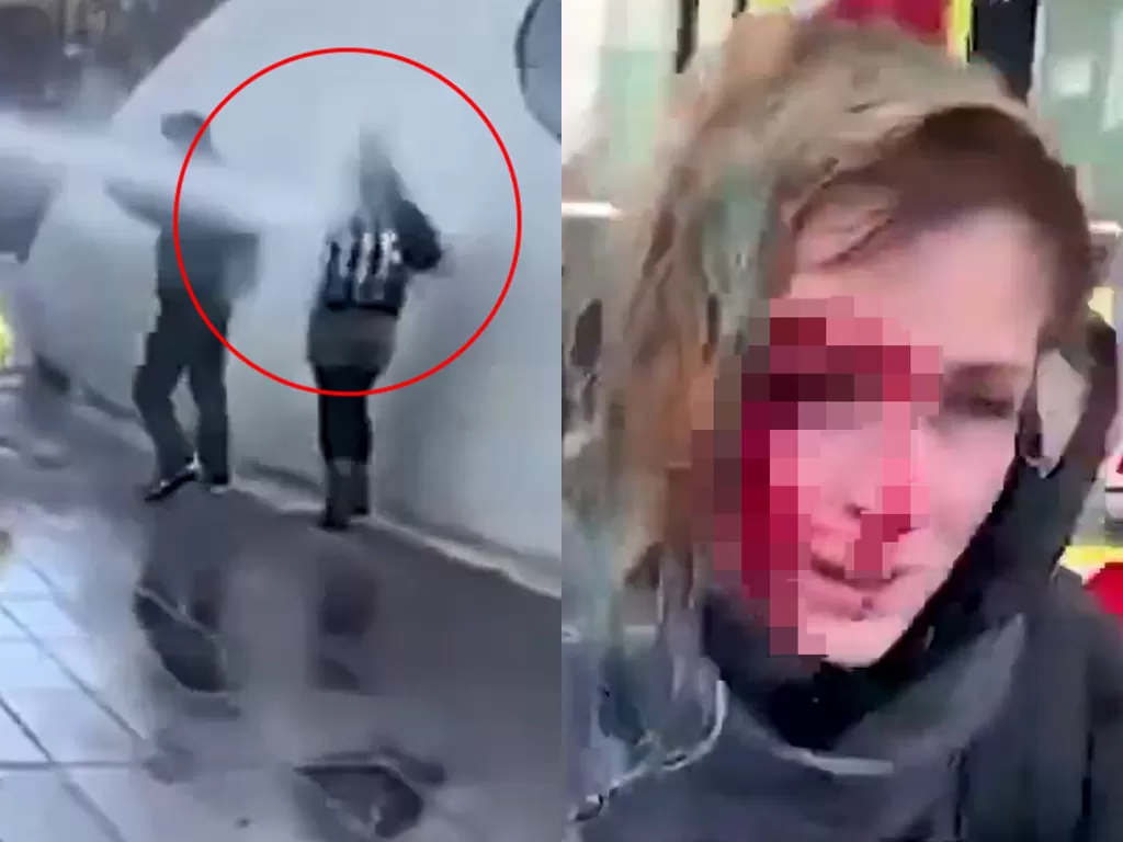 Wanita yang terkena tembakan meriam air polisi saat merekam video di tengah kerusuhan penolakan lockdown. (Photo/YouTube/JP Today News)