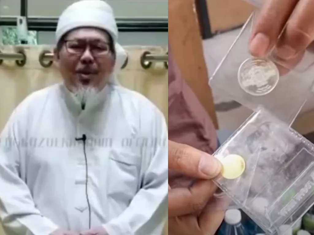 Kolase foto Ustaz Tengku Zulkarnain (Instagram @tengkuzulkarnain.id) dan koin dinar di Pasar Muamalah Depok (Youtube/Arsip Nusantara)