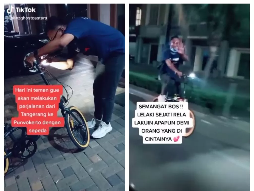 Viral pria rela gowes sepeda Tangerang ke Purwokerto, Jawa Tengah, demi melamar kekasih. (TikTok/@manzghostcasters)