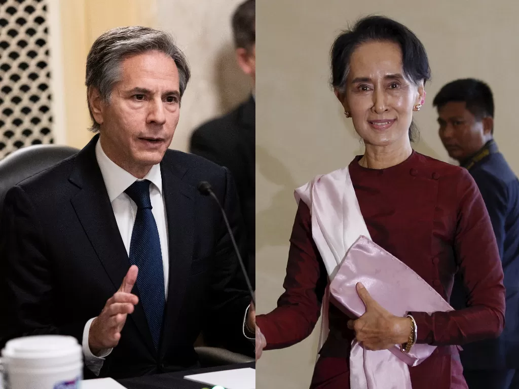 Menlu AS Antony Blinken (REUTERS via Handout), pemimpin Myanmar Aung San Suu Kyi (REUTERS/Soe Zeya Tu).