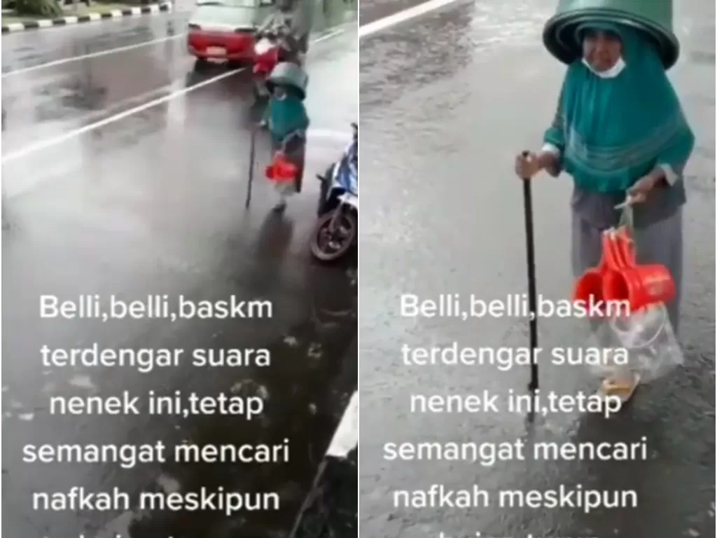 Nenek di Bandung tetap berjualan walau di tengah guyuran hujan (Instagram/beritakotabandung)