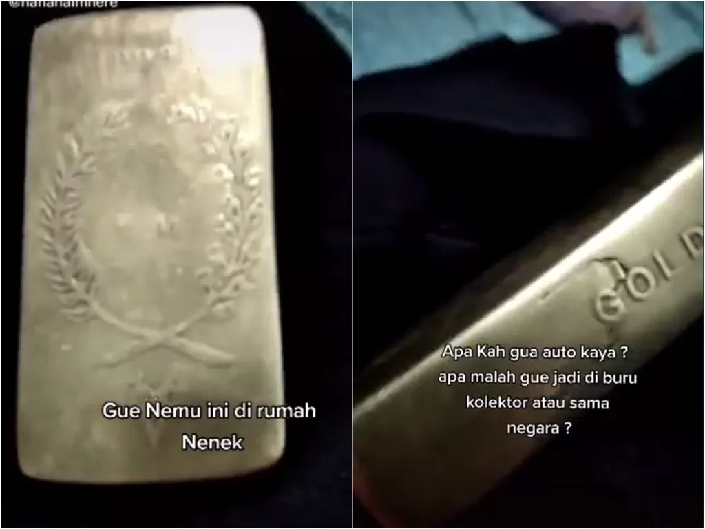 Cuplikan video viral pria yang temukan benda diduga emas berlogo VOC. (photo/TikTok/@hahahaimhere)