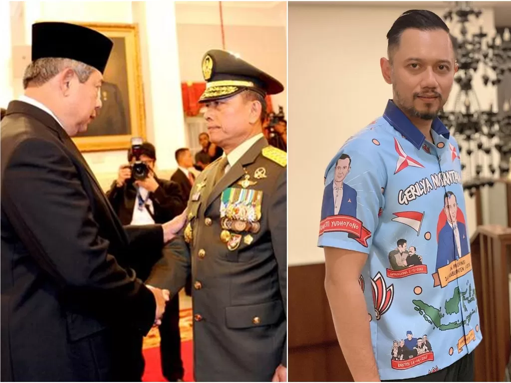 Kiri: Moeldoko saat dilantik SBY sebagai Panglima TNI tahun 2013; Kanan: AHY. (Instagram)