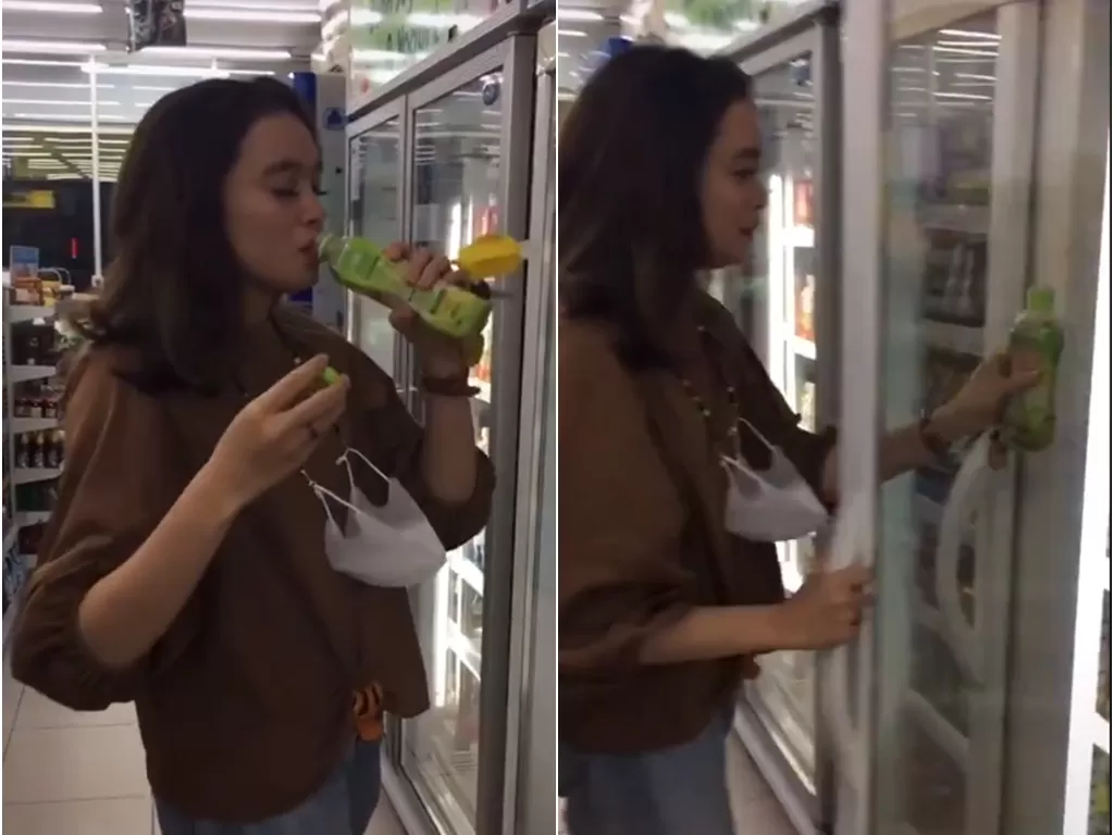 Wanita ini letak minuman yang telah diminumnya ke dalam kulkas minimarket (Twitter/@AREAJULID)