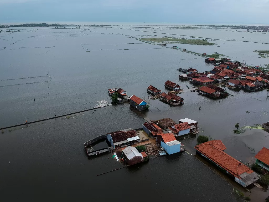 Foto udara rumah warga tergenang air banjir di Pekalongan (ANTARA FOTO/Harviyan Perdana Putra)