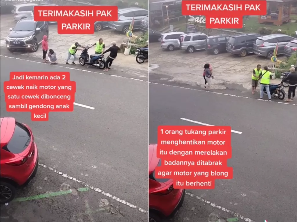  Cuplikan video saat tukang parkir selamatkan pengendara motor. (photo/TikTok/@beritamagetan)