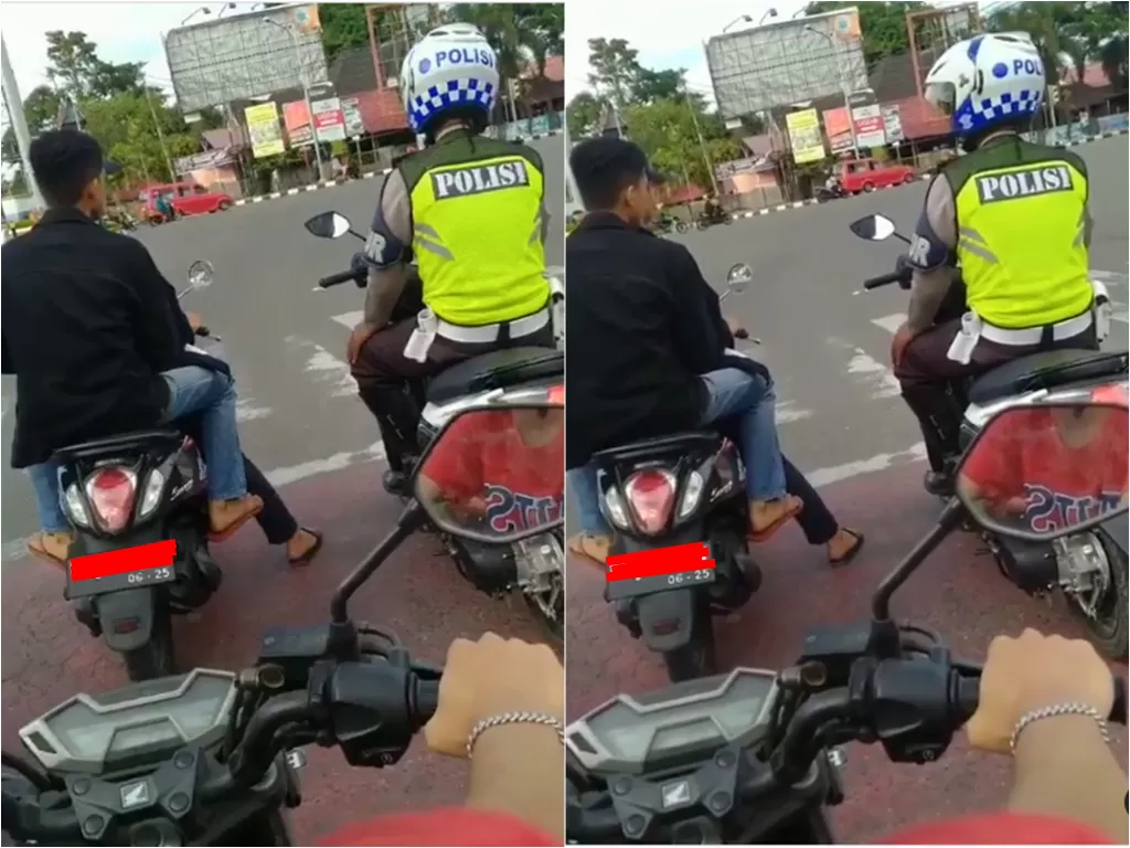 Cuplikan video saat pemuda tanpa helm berhenti disampung polisi. (photo/Instagram/@dramaojol.id)