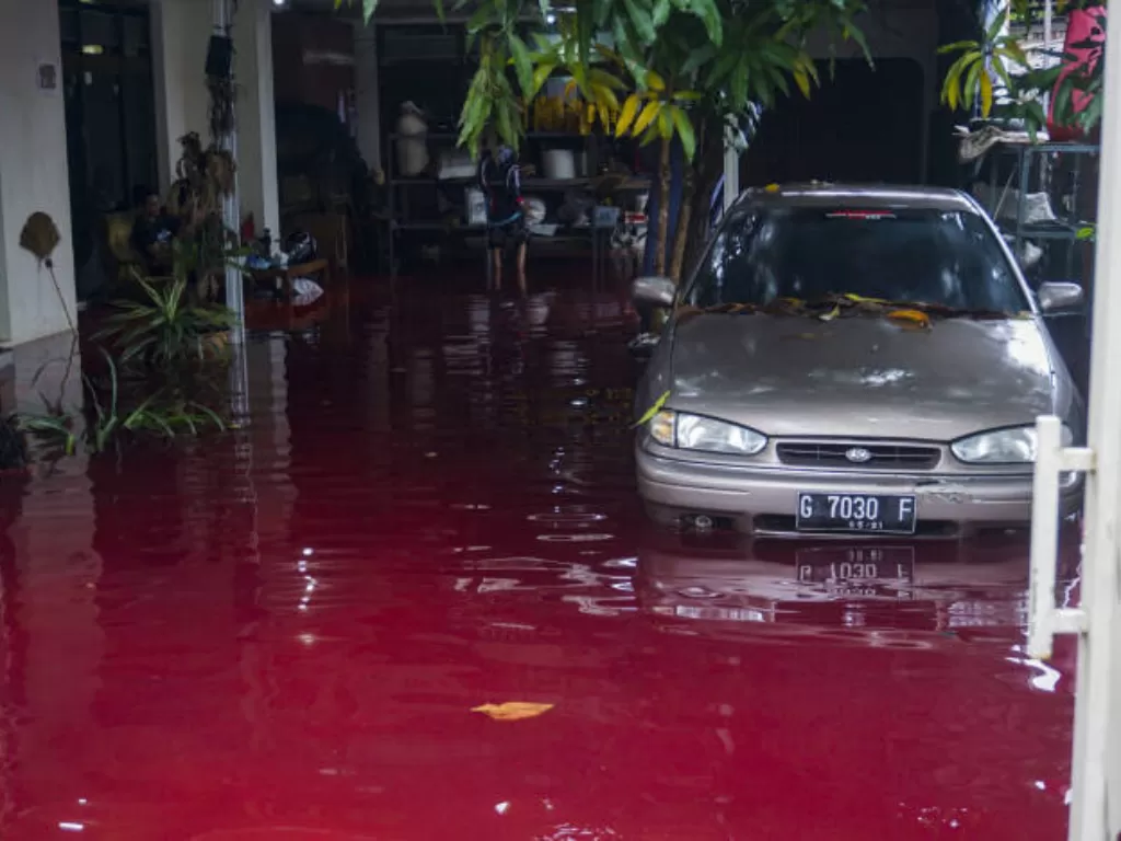  Jalan perkampungan yang tergenang banjir berwarna merah di Jenggot, Pekalongan, Jawa Tengah, Sabtu (6/2/2021). (photo/ANTARA FOTO/Harviyan Perdana Putra)