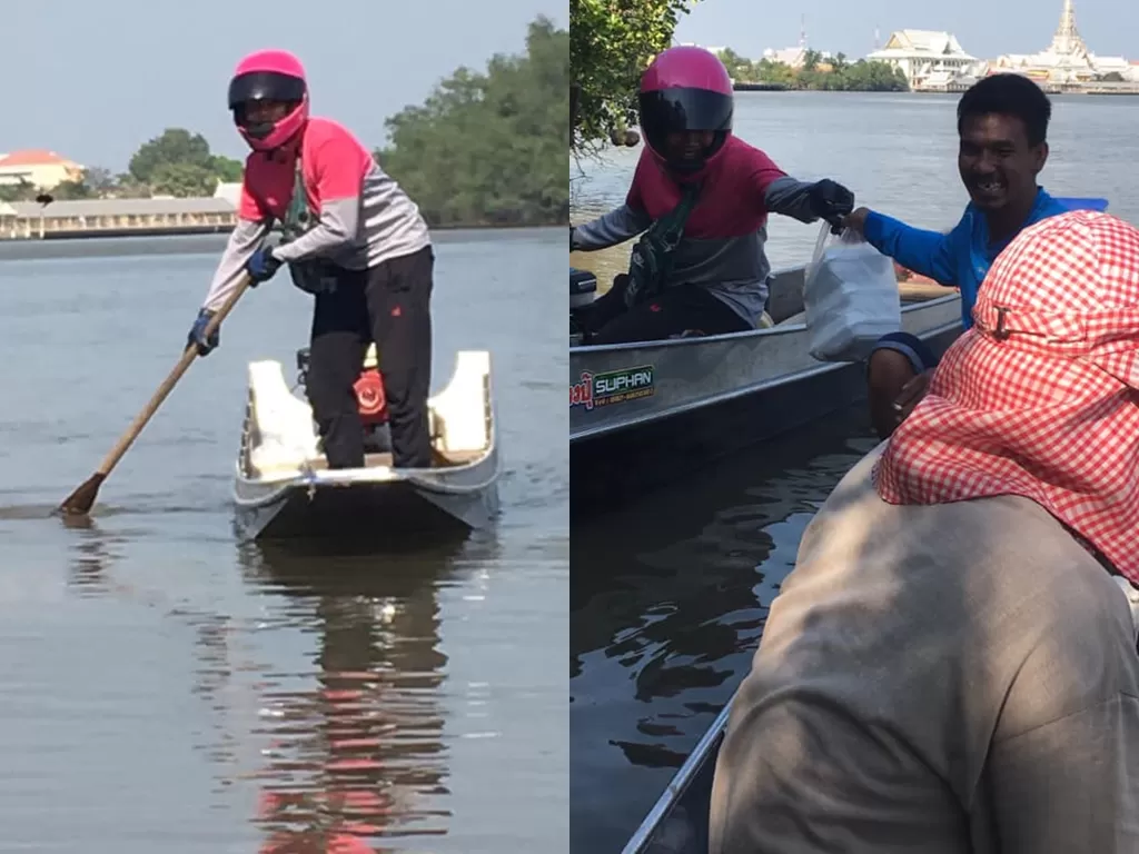 Driver ojol yang mengantar pesanan pakai perahu. (Photo/Facebook/Pradit Saengdee)