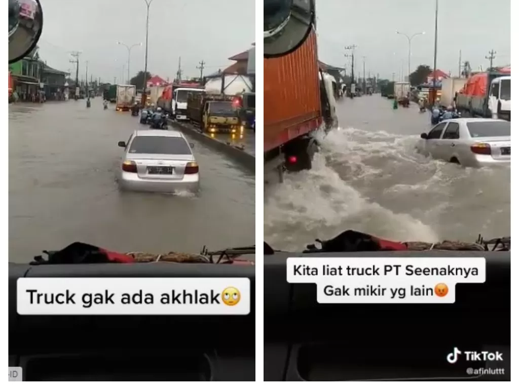 Viral truk terobos banjir hingga membuat ombak dan membuat mobil sedan terombang-ambing (TikTok/@afinluttt)